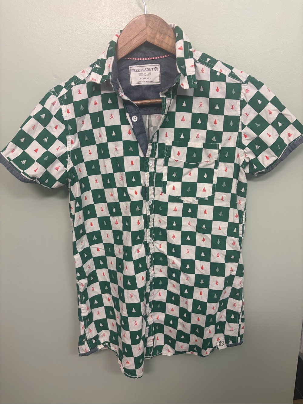 Free Planet Green, White & Red Christmas Tree Graphics Button-Down Shirt